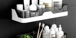White and Black Plastic Wall Mounted Bathroom Shelf