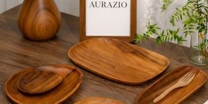 Handcrafted Acacia Wood Serving Tray & Plate Set