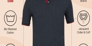 Mens Charcoal With Red Cotton Jacquard Polo T-Shirt