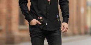 Black Floral Embroidery Design Shirt for Men