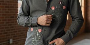 Floral Artistry Black Cotton Shirt for Men