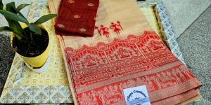 Handcrafted Red and Beige Khadi Silk Suit Material