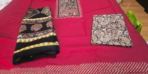 Pink and Black Cotton Hand Block Print Embroidered Suit Material