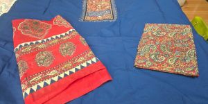 Red and Blue Hand Block Print Cotton Embroidered Suit Material