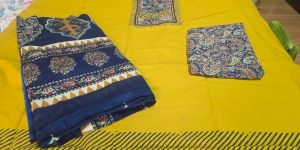 Yellow and Blue Cotton Hand Block Print Embroidered Suit Material