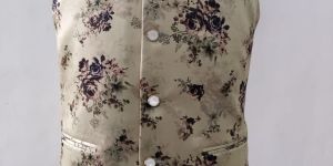 Men Cotton Beige Floral Printed Nehru Jacket
