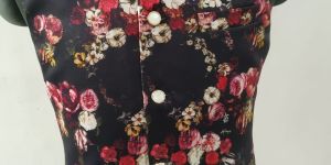 Men Cotton Black Floral Printed Nehru Jacket