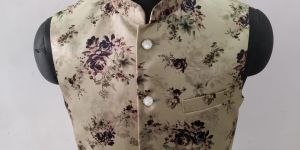 Men Cotton Light Olive Floral Printed Nehru Jacket