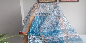 Teal Blue Ikat and Bagru Print Unstitched Cotton Suit
