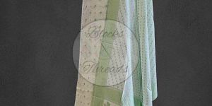 White and Light Green Cotton Banarsi Weave Suit Material