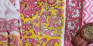 Yellow and Pink Baroda Print Cotton Suit Material