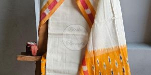 Yellow Ochre and Off White Ikat Weave Weave Cotton Unstitched Suit