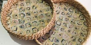 Shell Inlay Pattern Round Serving Trey Set