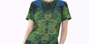 Womens Green Blue Abstract Mosaic Stipple Cotton T-Shirt