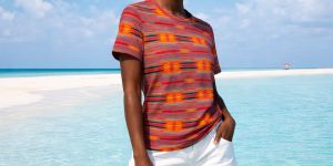 Womens Maroon Orange Geometric Serape Cotton T-Shirt