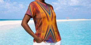 Womens Orange Purple Geometric Cotton T-Shirt
