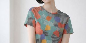 Womens Orange Teal Geometric Striped Pattern Cotton T-Shirt