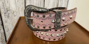 Mens Studded Pink Leather Belt