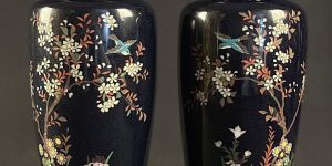 Japanese Cloisonne Pair 6 Bird Blossom Dark Blue Enamel Fine Wire Vases
