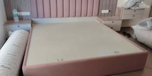 Wooden Baby Pink Upholstery Queen Size Bed