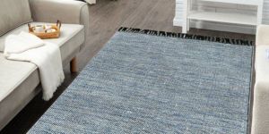 Blue Woven Textured Rug with Tassels