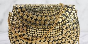 Luxury Black & Gold Studded Evening Clutch with Chain Strap