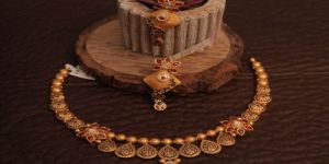 Traditional Coin Motif Gold Polish Silver Necklace Set