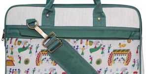green printed jute laptop bag