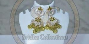 Traditional Green and Silver American Diamond Jhumka Earrings