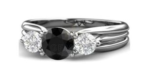 1.50Ct Round Cut Natural Black Diamond Three Stone Ring 14K White Gold