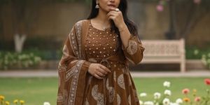 Womens Brown Printed Anarkali Kurta Set with Dupatta Set