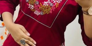 womens red embroidered straight kurta pants set