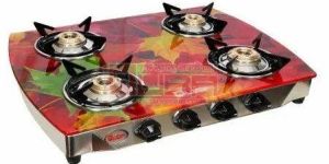 Quba S4 Green Flower 4 Burner Printed Glass Top Gas Stove