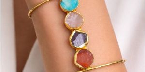 Vertical Multi Stone Golden Open Cuff Bracelet