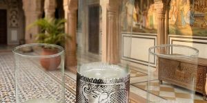 Handcrafted Glass Water Bottle & Tumbler Set with Royal Elephant Embossed Metal Bases (3-Piece Set)