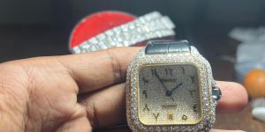 Exquisite Cartier Santos Style Arabic Dial Iced out Watch