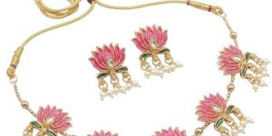 pink meenakari lotus earrings necklace set