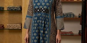 elegant intricate mirror work handblock cotton kurti
