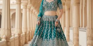 Teal Green Butterfly Net Wedding Lehenga Choli