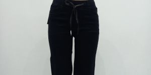Ladies Jet Black Drawstring Comfort Fit Denim Pants