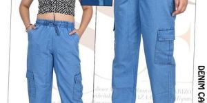 Ladies Sky Blue Denim Utility Cargo Pant