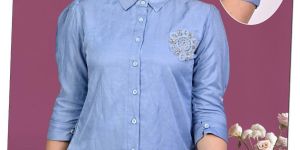 Ladies Sky Blue Embroidered Button Front Casual Shirt Top