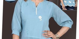 Ladies Sky Blue Embroidered Button Placket Casual Top