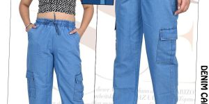 Ladies Sky Blue Straight Fit Denim Cargo Pant