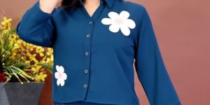 Ladies Teal Blue Floral Print Casual Shirt