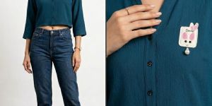 Ladies Teal Solid Casual Crop Shirt