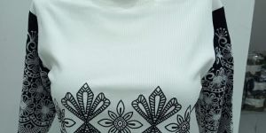 Ladies White & Black Embroidered Ribbed Top