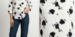 Ladies White & Black Floral Printed Casual Shirt