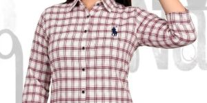 Ladies White Red Check Printed Casual Shirt