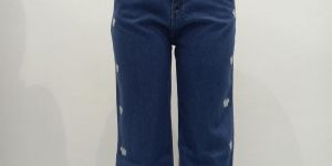 Women Blue Minimal Print Wide Leg Denim Jeans